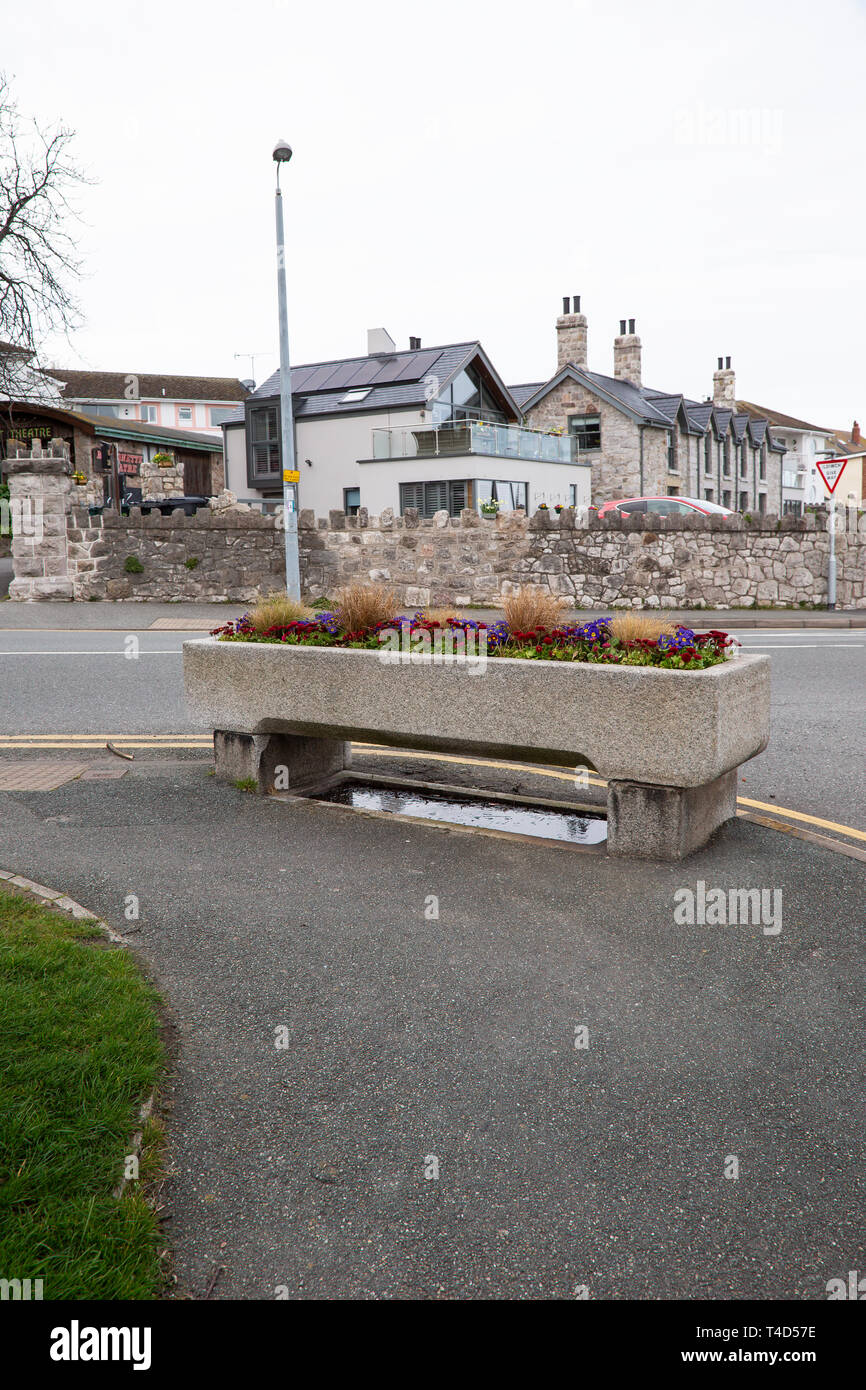 Traditional stone horse trough adjacent to a road in Rhos on Sea, North Wales, now utilised as a container for displaying flowers. Stock Photo