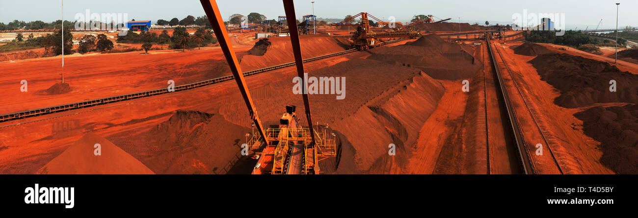 Port operations for managing & transporting iron ore. Left rail head & train dumper to stockyard & new then Butterfly stacker to Junction House & Port Stock Photo