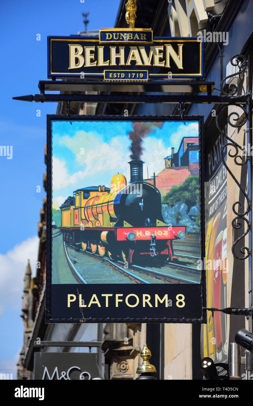 Platform 8 Pub sign, Academy Street, Inverness, Highland, Scotland, United Kingdom Stock Photo