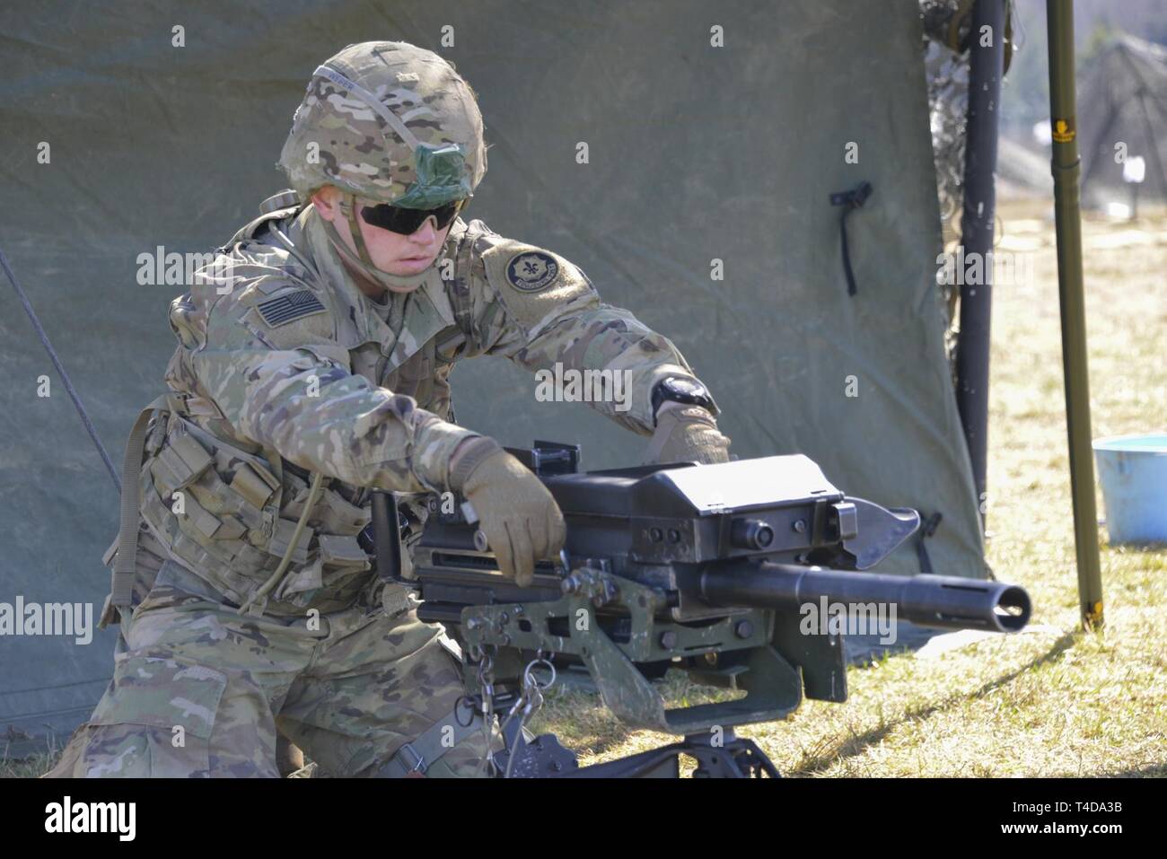 U. S. Army 2nd Lt. Austin Weber, assigned to the 3rd Squadron, 2nd Cavalry  Regiment, conducts a dry rehearsal with a Mark 19 40 mm grenade launcher  machine gun during testing for