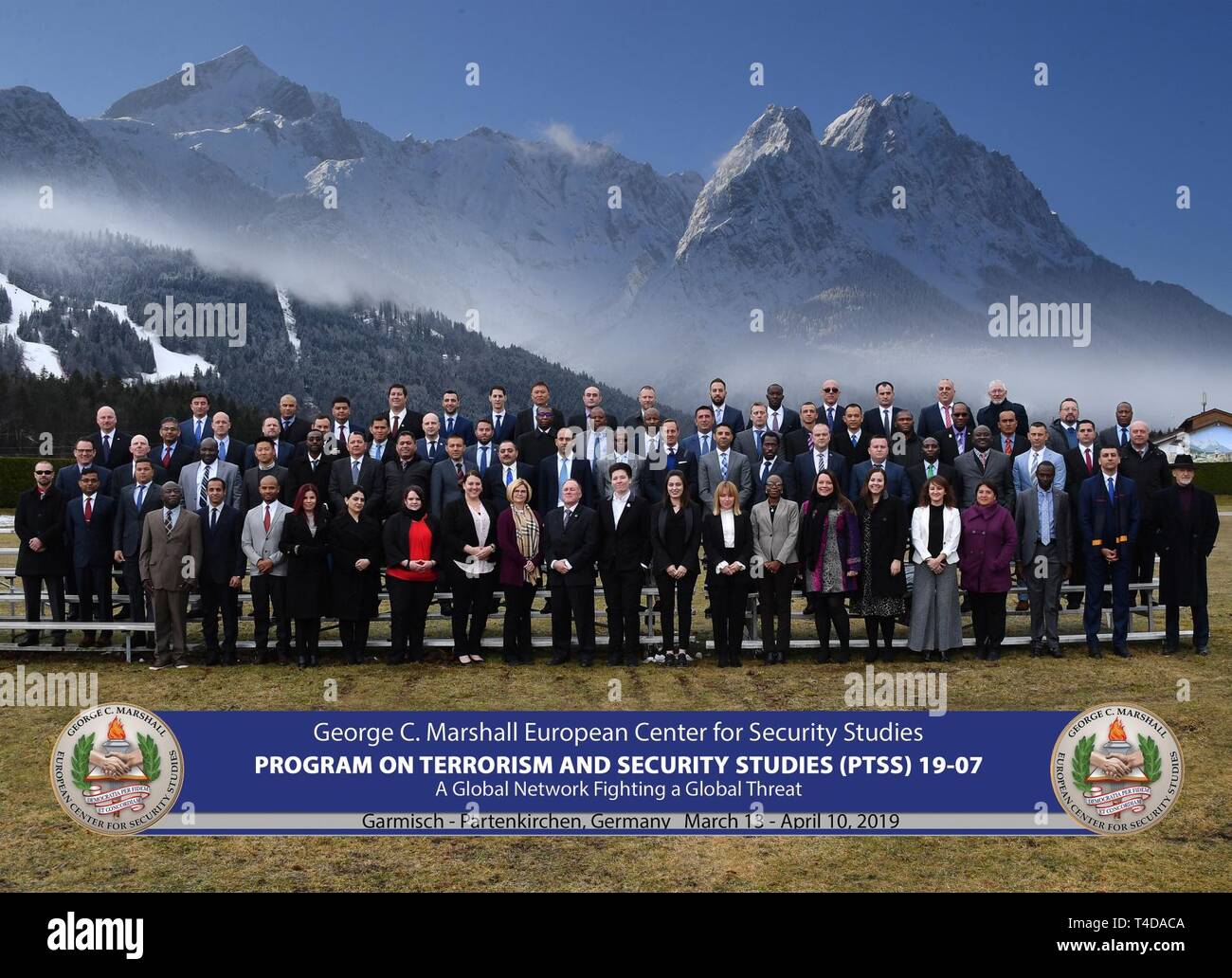 GARMISCH-PARTENKIRCHEN, Germany (March 13, 2019)  - Sixty-three participants from 47 countries started the Program on Terrorism and Security Studies at the George C. Marshall European Center for Security Studies March 13. Stock Photo