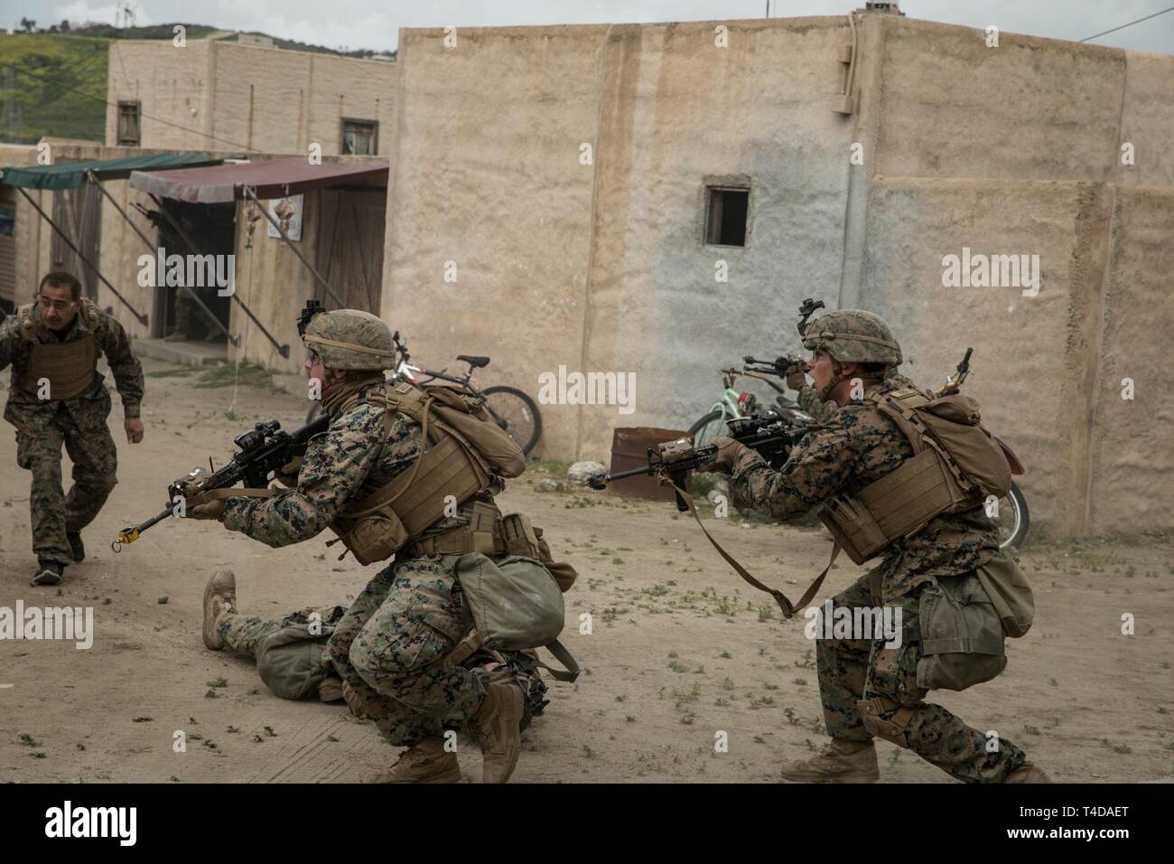 U.S. Marines with Fox Company, 2nd Battalion, 4th Marine Regiment, and 1st  Intelligence Battalion, 1st Marine Division, engage a simulated enemy  during the Infantry Integration with Counterintelligence/Human Intelligence  Operations (CI-HUMINT) (TACEX 19.2)