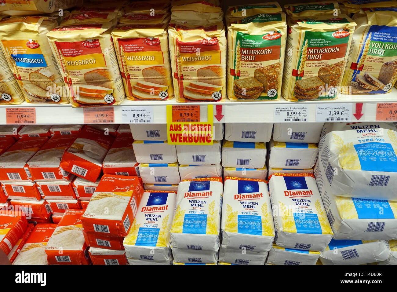 Flour packings in a supermarket Stock Photo