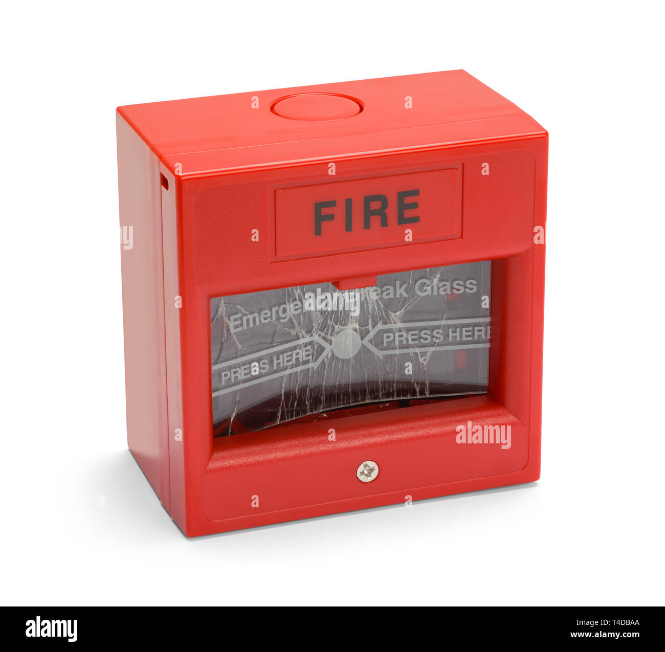 Fire Alarm Box With Broken Glass Isolated on White Background. Stock Photo