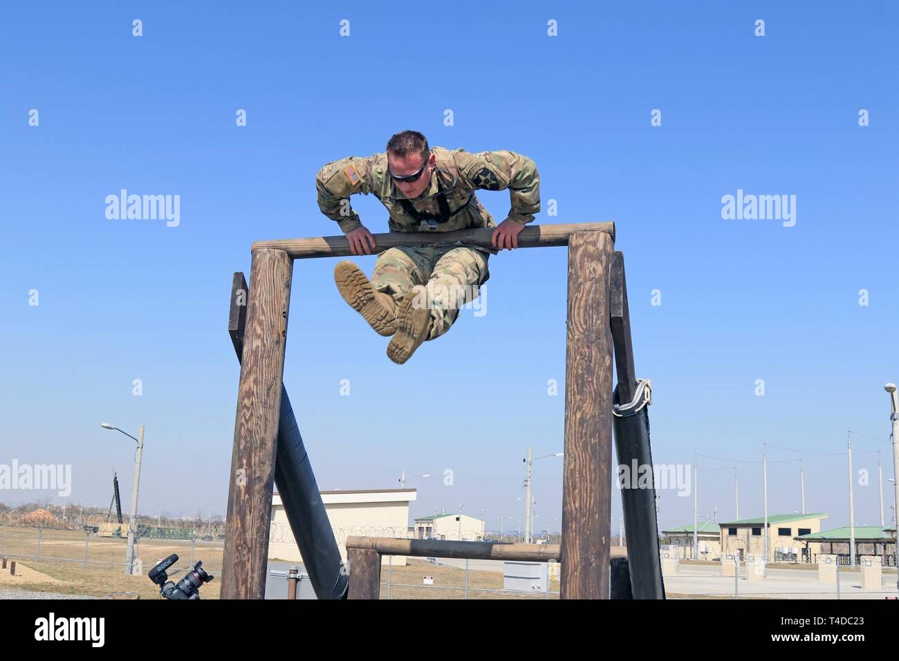CAMP HUMPHREYS, Republic of Korea - Capt. Colby S. Miller, Phenix City, Alabama native, infantry officer, 2nd Infantry Division/ROK-U.S. Combined Division, negotiates an obstacle course, March 22, in preparation for the 2019 Best Ranger Competition taking place at Fort Benning, Georgia April 12-14. Miller and teammate, Capt. Jonathan J. Kaminski, Atlanta, Georgia native, field artillery officer, 2nd Combat Aviation Brigade, will compete as a two-person team against more than 50 other Ranger teams. Stock Photo