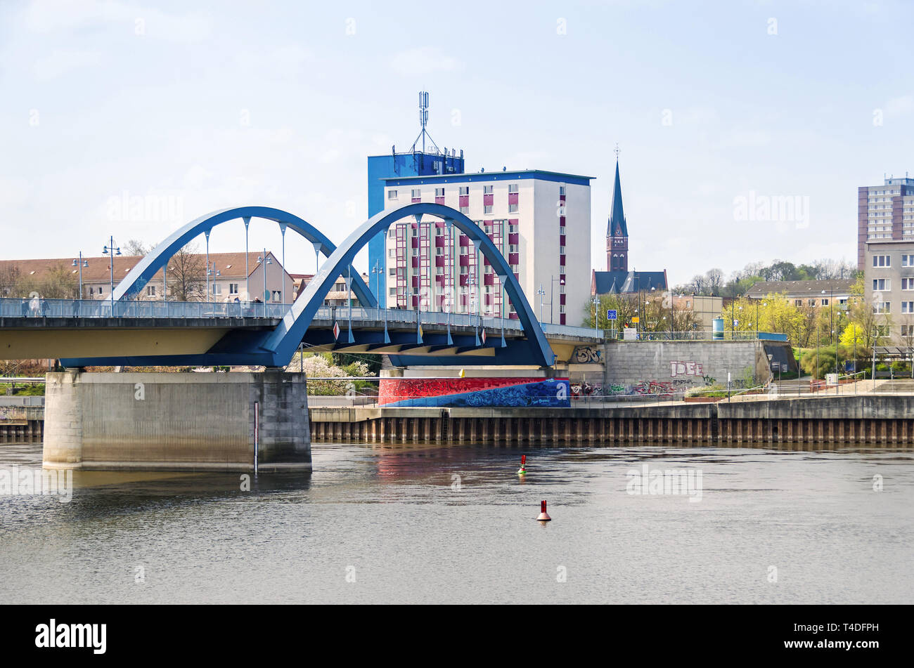 Frankfurt (Oder), Germany - April 9, 2019: The tied-arch Oder bridge over the Germany-Poland border linking Frankfurt with Słubice Stock Photo