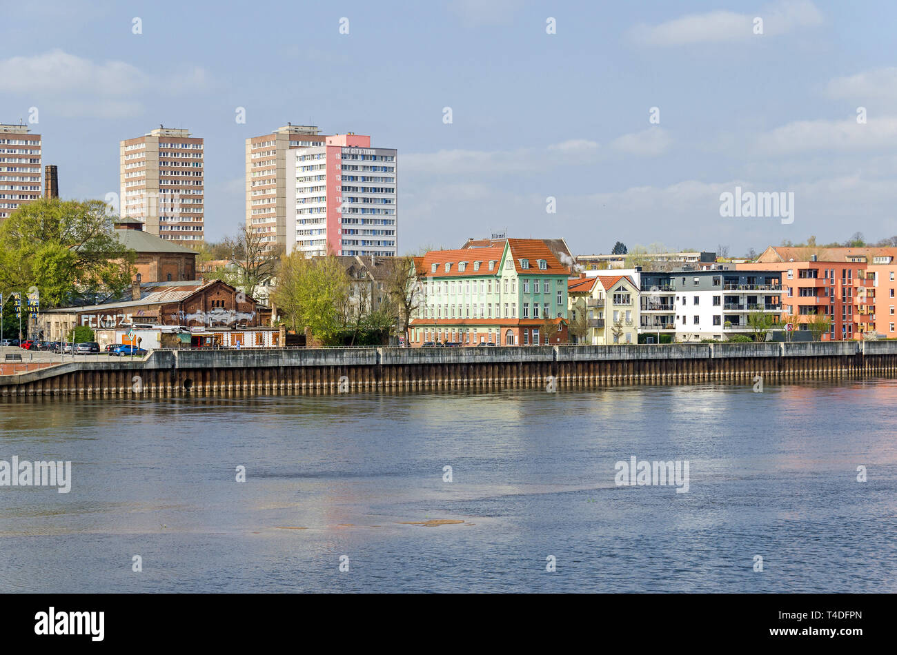 Frankfurt (Oder), Germany - April 9, 2019: Banks of the Oder River and the northern river front with old and modern residential buildings and the hist Stock Photo