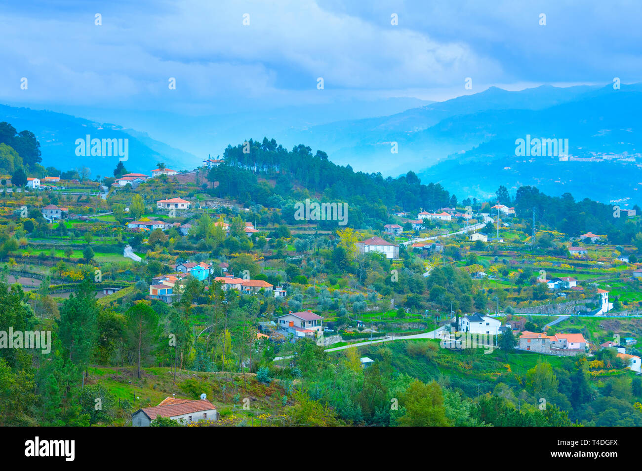 View of Douro river valley villages in rainy weather. Portugal Stock