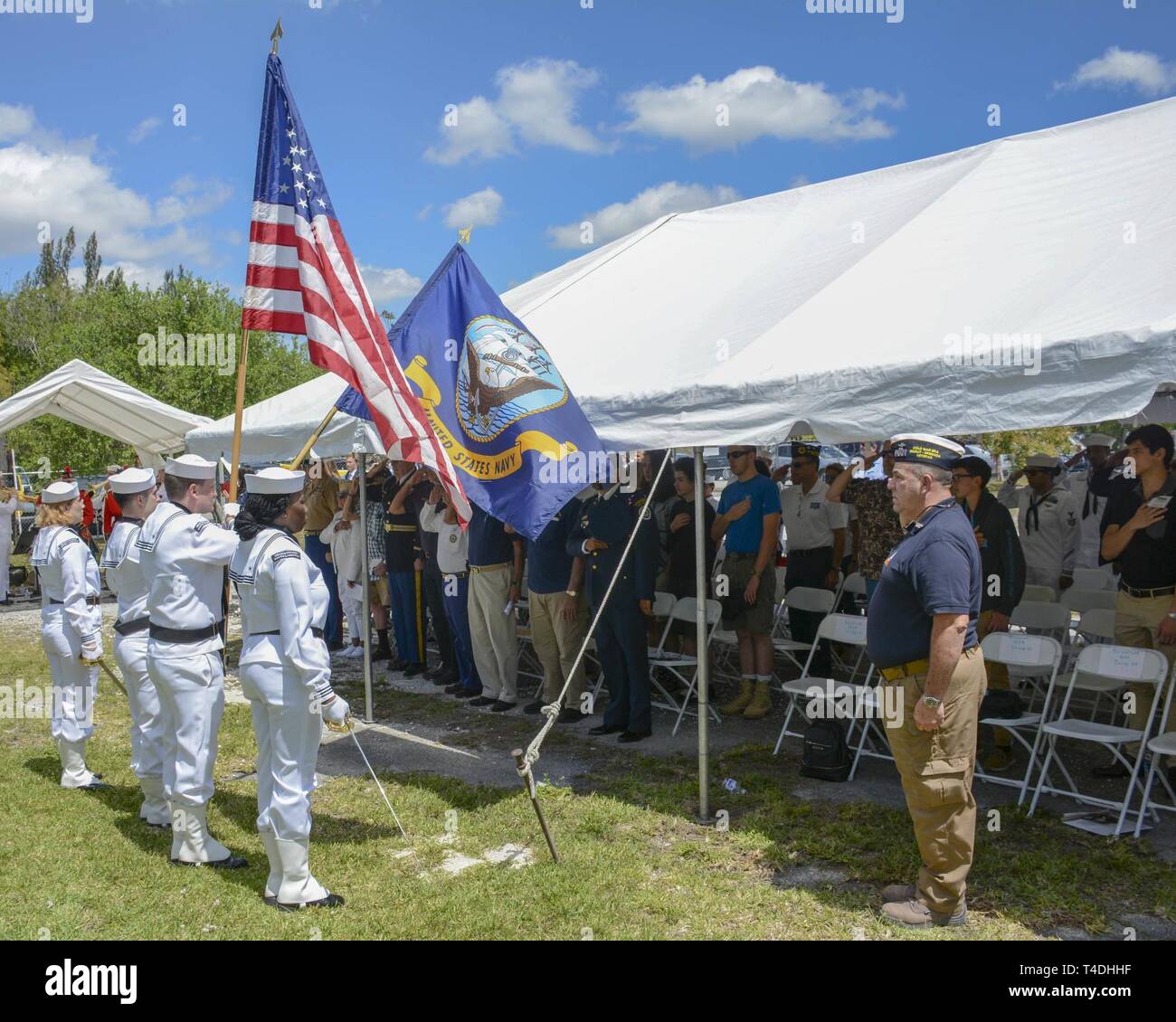 March 27, 2019) Sailors assigned to USS Constitution present the colors  before the start of "American Steel, a 9/11 Observance" at Miami Military  Museum during Miami Navy Week. Miami is one of