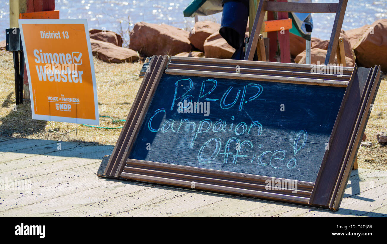 The pop-up campaign office of Simone Webster, NDP candidate for District 13 in the P.E.I. election of 2019 on the waterfront in Charlottetown Stock Photo