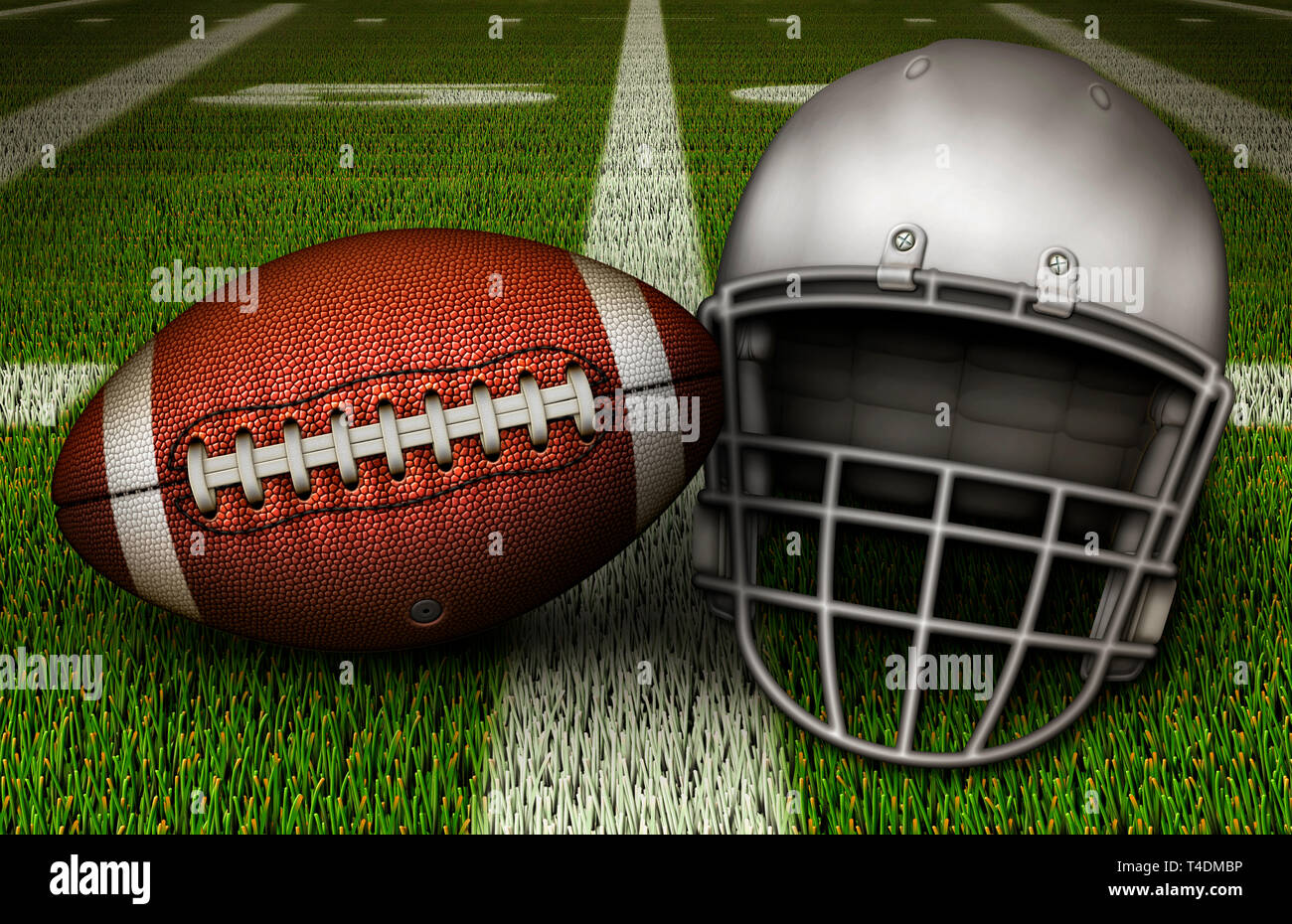 An American Football and a Football Helmet lean against each other on the Fifty Yard Line. 3D Illustration Stock Photo