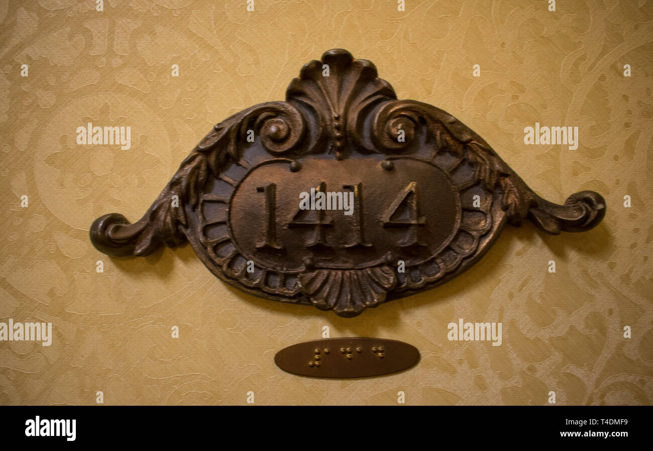 Antique Victorian era number plate in an historic hotel. French Lick ...
