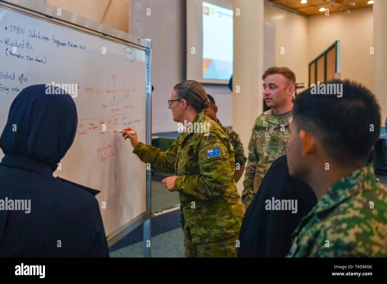 KUCHING, Malaysia (April 3, 2019) – Royal Australian Army Lt. Col. Maree Derrick writes down disaster crisis management contingencies during a Humanitarian Assistance and Disaster Relief tabletop exercise at Sarawak State Library as part of Pacific Partnership 2019. The exercise allowed civilian and military officials to discuss policies and procedures for responding to various stages of natural disasters and emergencies. Pacific Partnership, now in its 14th iteration, is the largest annual multinational humanitarian assistance and disaster relief preparedness mission conducted in the Indo-Pac Stock Photo