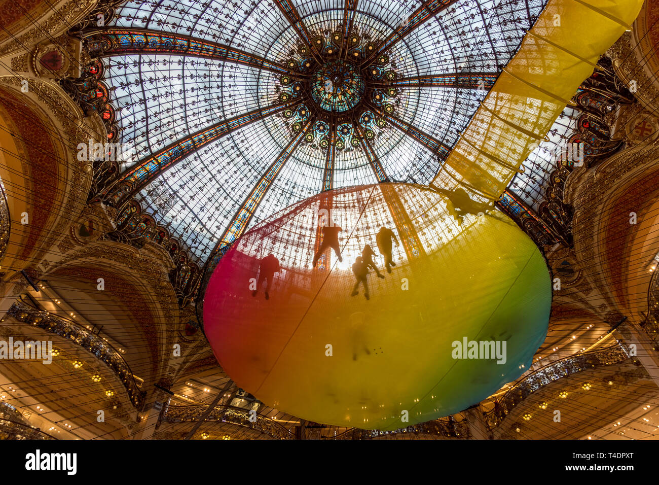 Yoga session under the Dome of Galeries Lafayette in Paris Stock Photo