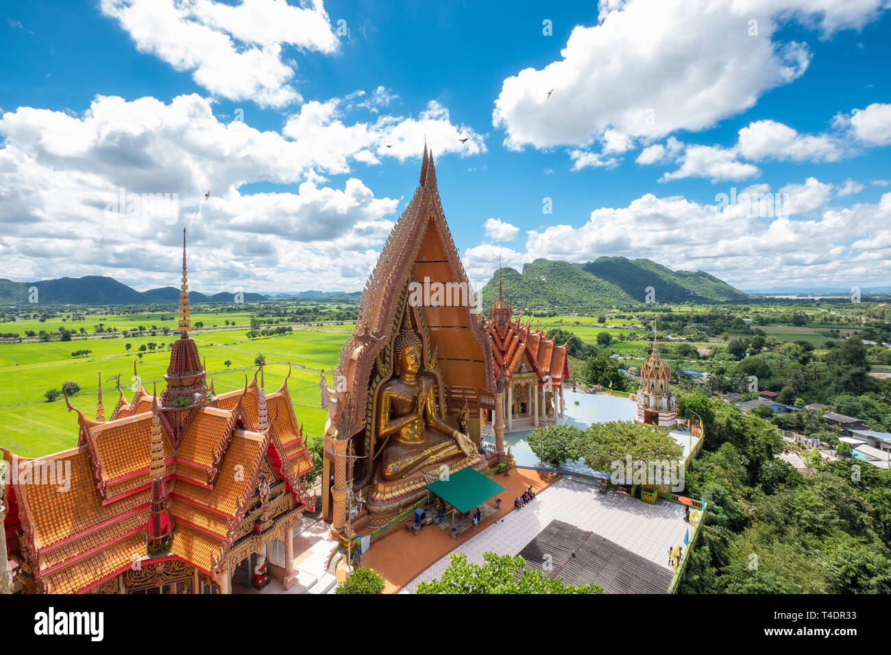 Above view of golden church with big buddha statue and rice field in Wat Tham Sua temple, Kanchanaburi, Thailand Stock Photo