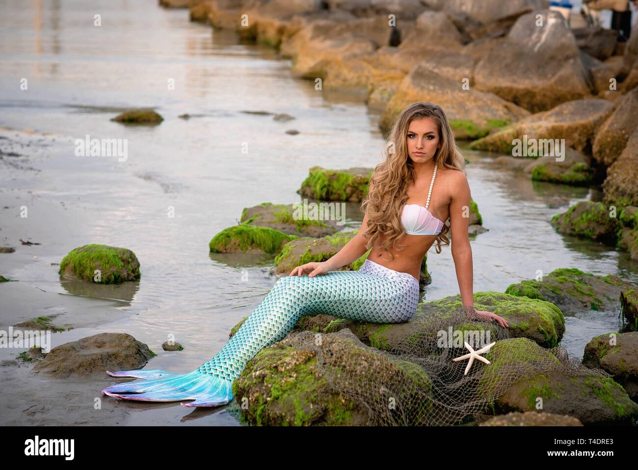 beautiful mermaid on rocky beach Stock Photo