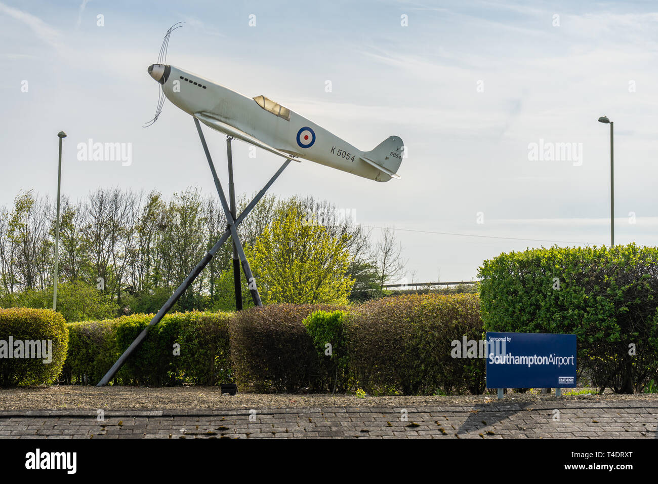 Near full size sculpture of a K5054 spitfire air plane, the prototype of the spitfire aircraft outside Southampton Airport, Southampton, England, UK Stock Photo