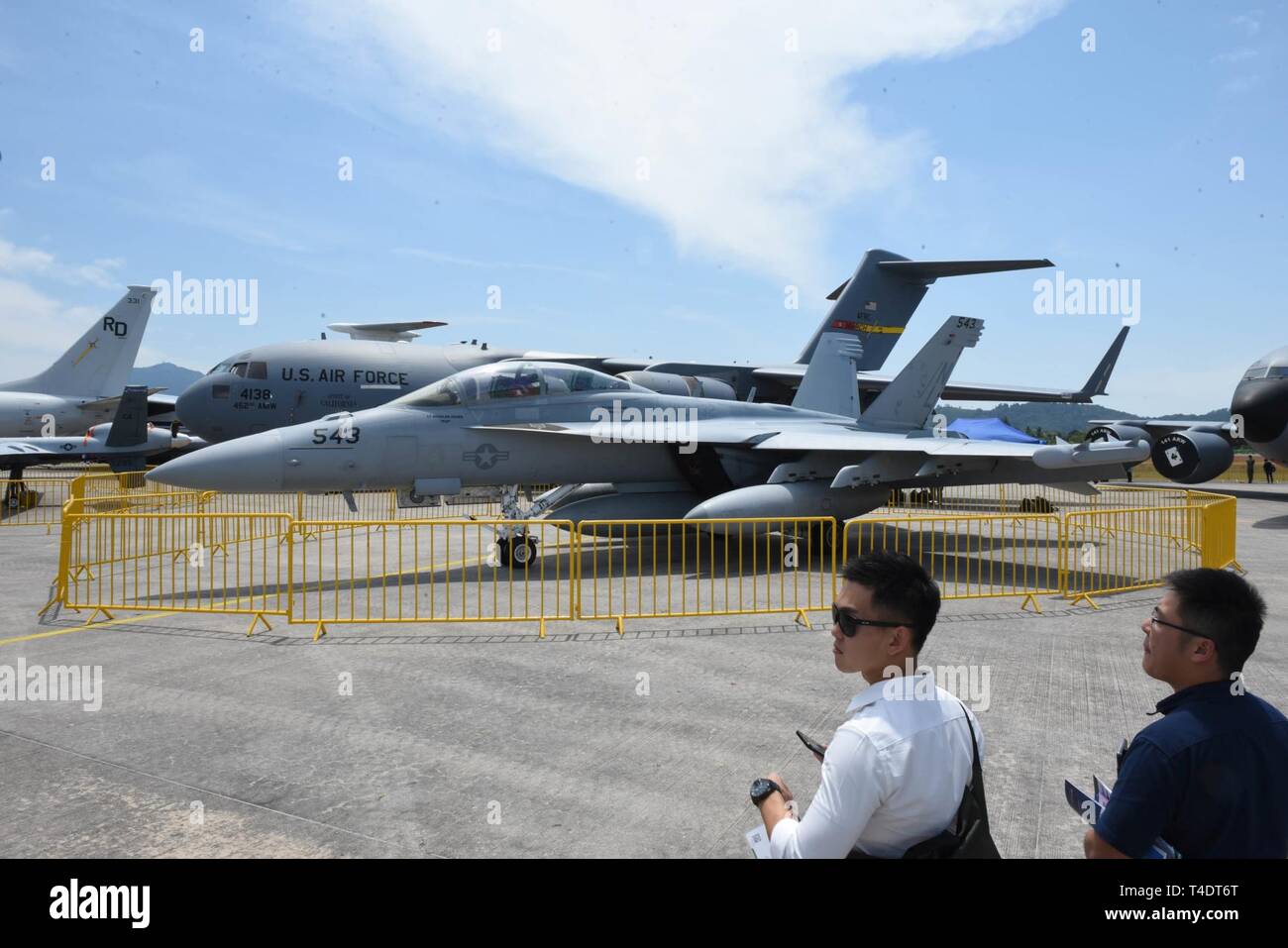 LANGKAWI, Malaysia (March 26, 2019) A U.S. Navy EA-18G Growler from the “Scorpions” of Electronic Attack Squadron (VAQ) 132 sits on display at the 2019 Langkawi International Maritime and Aerospace (LIMA) Exhibition. Approximately 1,400 U.S. Navy and Air Force personnel participated in LIMA19. U.S. Navy aircraft on display included a P-8A Poseidon, EA-18G Growler, and MH-60R Seahawk. Stock Photo