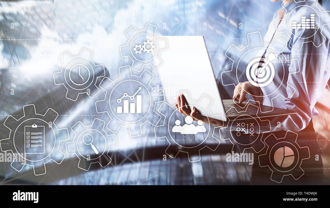 Business process automation concept. Gears and icons on abstract ...