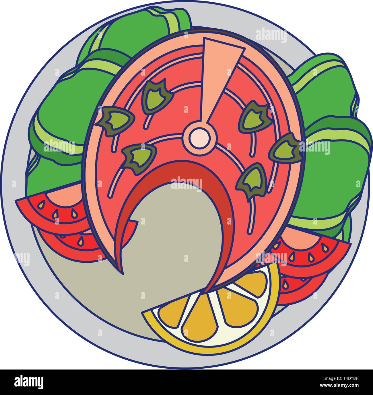 Fish salmon steak with salad seafood blue lines Stock Vector Image ...