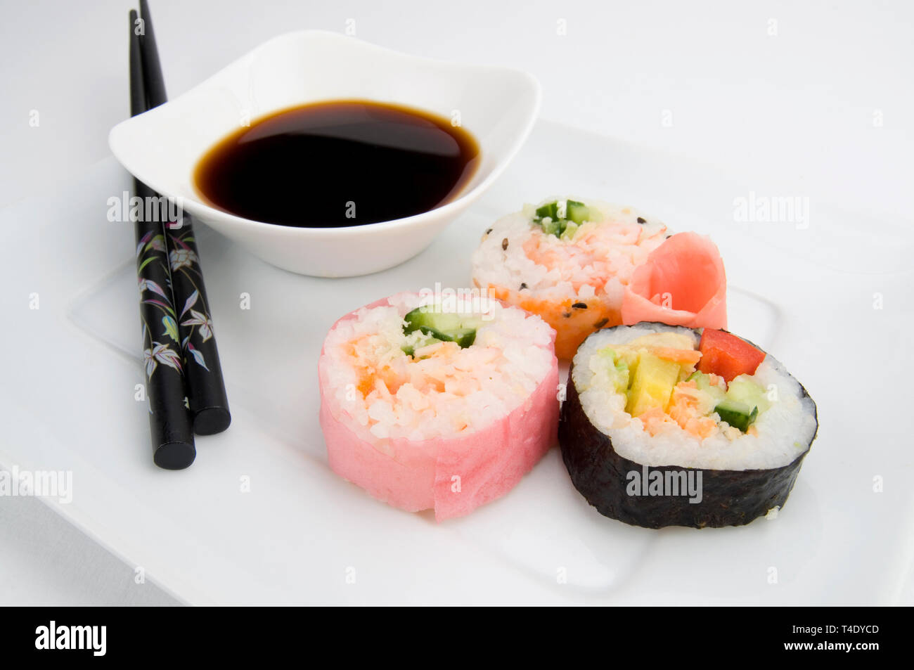 Various Japanese Sushi with Chopsticks and Soya Sauce Stock Photo Alamy