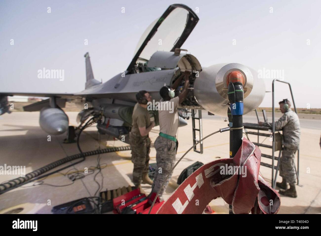 Avionics maintainers from the 555th Aircraft Maintenance Unit perform an  airspeed-leakage test on a F-16C Fighting Falcon during exercise African  Lion 2019, at Ben Guerir Air Base, Morocco, March 25, 2019. The
