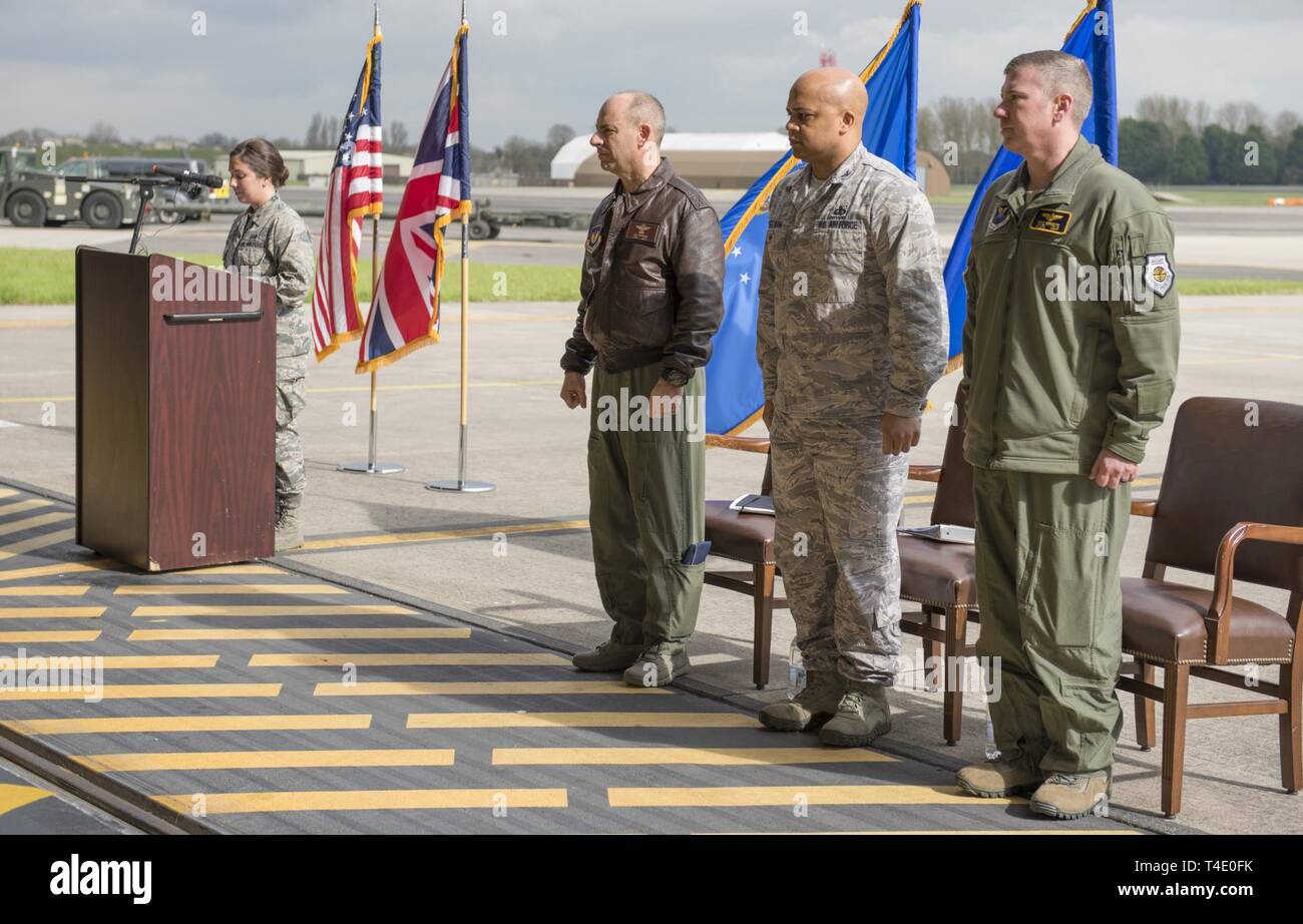 U.S. Air Force 1st Lt. Sarah Johnson, 501st Combat Support Wing public affairs officer, presents Lt. Gen. Jeffrey Harrigian, U.S. Air Forces in Europe Air Forces Africa deputy commander, during a press conference at RAF Fairford, March 19, 2019, regarding a Bomber Task Force Europe deployment. The contingent of B-52 aircraft, Airmen and support equipment is currently deployed from the 2nd Bomb Wing, Barksdale Air Force Base, La., to support the BTF. The deployment of strategic bombers to the U.K. helps exercise RAF Fairford as USAFE-AFAFRICA's forward-operating location for bombers. The deploy Stock Photo
