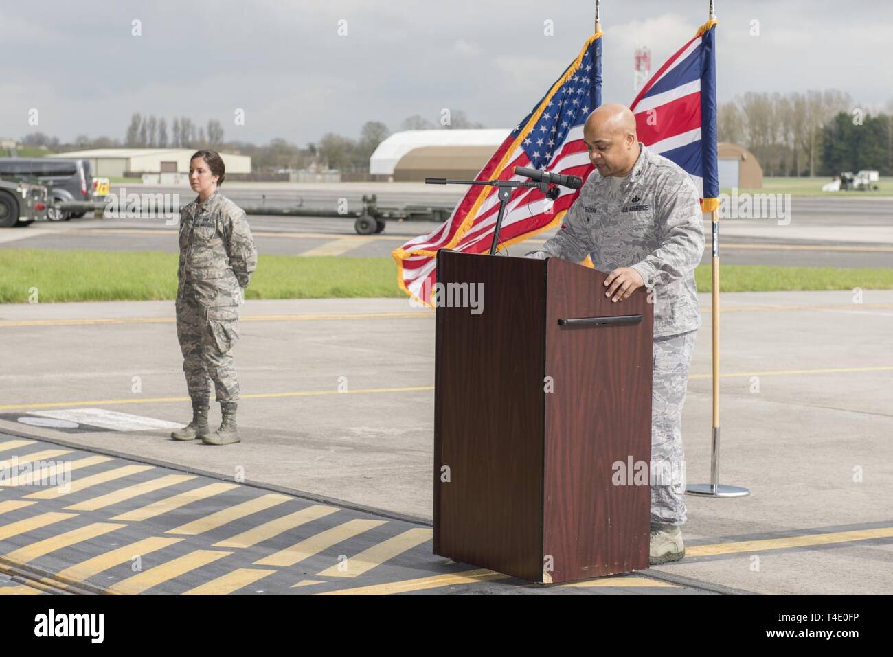 U.S. Air Force Col. Ron Cheatham, 501st Combat Support Wing vice commander, speaks during a press conference at RAF Fairford, March 19, 2019, regarding the Bomber Task Force Europe deployment. The contingent of B-52 aircraft, Airmen and support equipment are currently deployed from the 2nd Bomb Wing, Barksdale Air Force Base, La., to support the BTF. The deployment of strategic bombers to the U.K. helps exercise RAF Fairford as U.S. Air Forces in Europe - Air Forces Africa’s forward-operating location for bombers. The deployment includes joint and allied training to enhance interoperability an Stock Photo