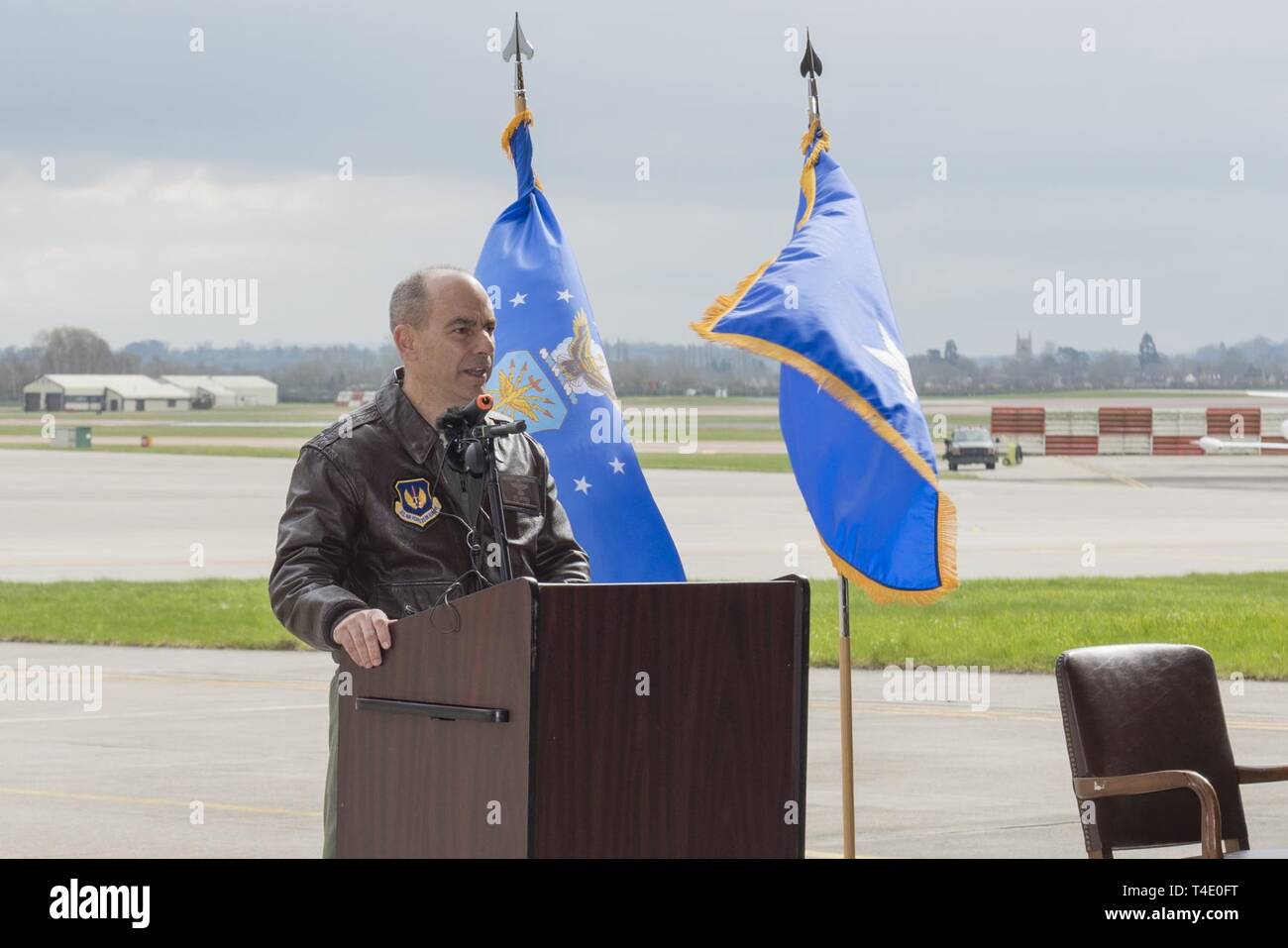 U.S. Air Force Lt. Gen. Jeffrey Harrigian, U.S. Air Forces in Europe and Air Forces in Africa deputy commander, speaks during a press conference at RAF Fairford, March 19, 2019, regarding a Bomber Task Force Europe deployment. The contingent of B-52 aircraft, Airmen and support equipment are currently deployed from the 2nd Bomb Wing, Barksdale Air Force Base, La., to support the BTF. The deployment of strategic bombers to the U.K. helps exercise RAF Fairford as USAFE-AFAFRICA's forward-operating location for bombers. The deployment includes joint and allied training to enhance interoperability Stock Photo