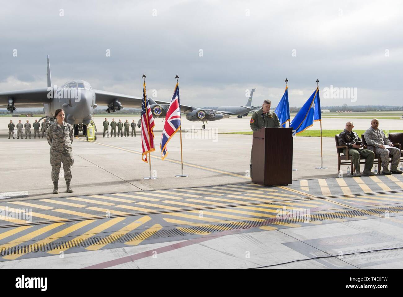 U.S. Air Force Lt. Col. Mike Esposito, Bomber Task Force in Europe commander, speaks during a press conference at RAF Fairford, March 19, 2019, regarding a Bomber Task Force Europe deployment. The contingent of B-52 aircraft, Airmen and support equipment are currently deployed from the 2nd Bomb Wing, Barksdale Air Force Base, La., to support the BTF. The deployment of strategic bombers to the U.K. helps exercise RAF Fairford as U.S. Air Forces in Europe - Air Forces Africa’s forward-operating location for bombers. The deployment includes joint and allied training to enhance interoperability an Stock Photo