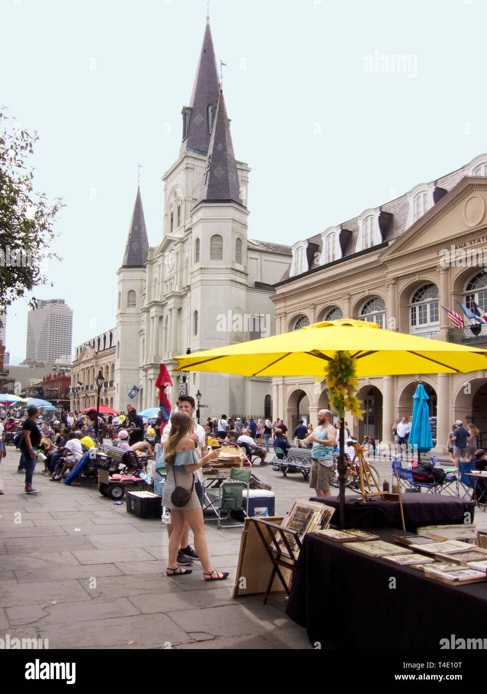 Local artists selling their wares in front of St. Lois Cathedral.  New Orleans, LA. Stock Photo