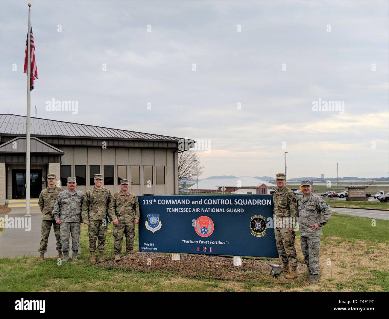 Maj. Gen. Robert Skinner, Air Forces Cyber command, and Chief Master Sgt.  David Klink, AFCYBER command chief, pose with 119th Cyberspace Operations  Squadron leaders during their March 25, 2019, visit to McGhee