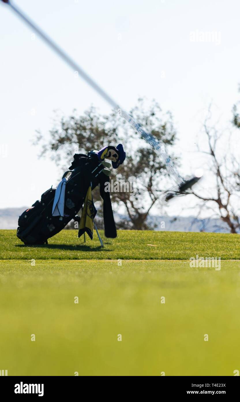 A golf club bag sits on the Desert Winds Golf Course, Marine Corps Air Ground Combat Center (MCAGCC), Twentynine Palms, Calif., 25, 2019. Erik Anders Lang visited MCAGCC to assess
