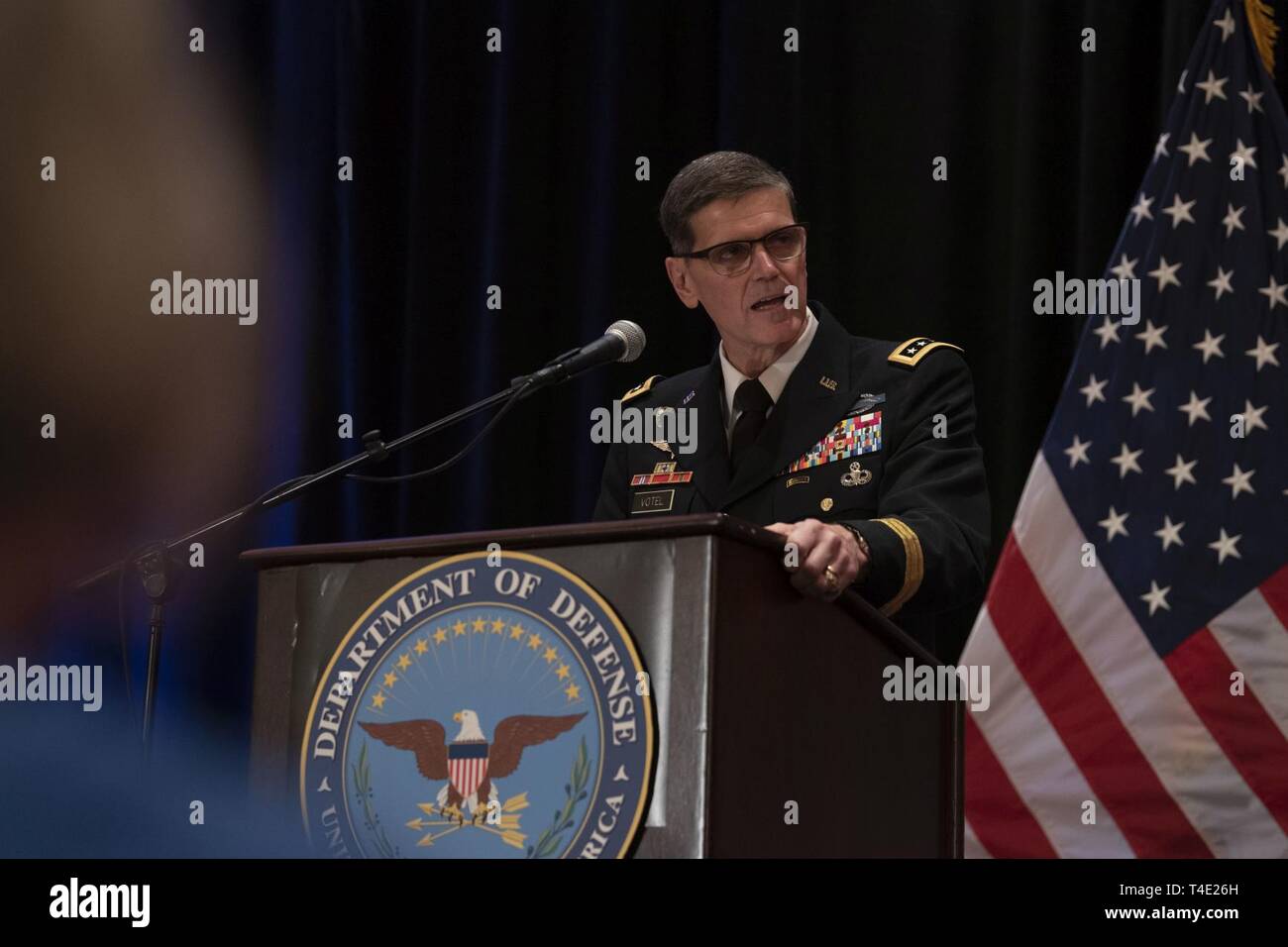 The outgoing commander of U.S. Central Command, U.S. Army Gen. Joseph L. Votel, delivers remarks at the Centcom change of command, where U.S. Marine Corps Gen. Kenneth F. McKenzie Jr. became the new Centcom commander, Tampa, Florida, March 28, 2019. Stock Photo