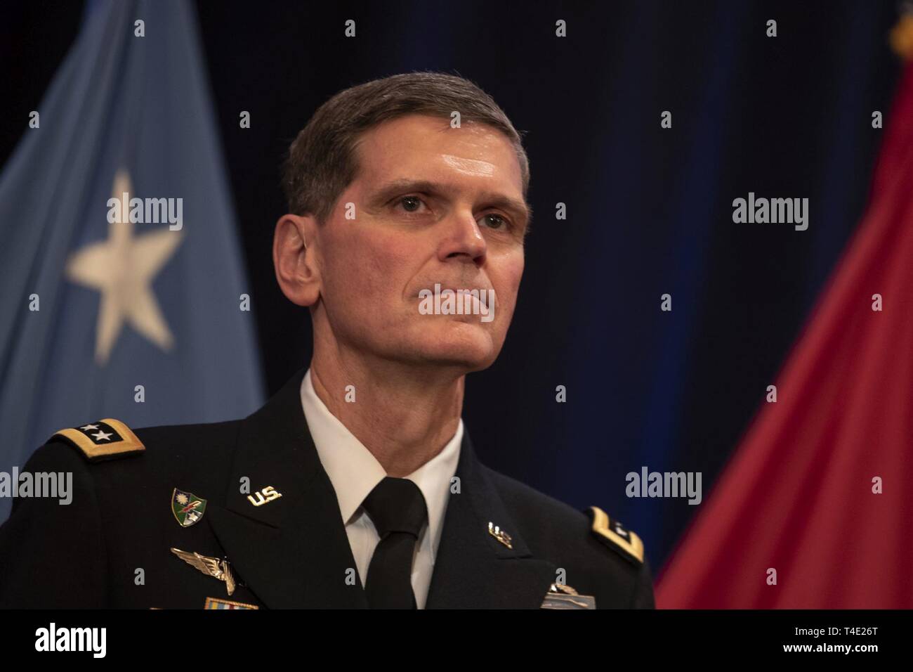 The outgoing commander of U.S. Central Command, U.S. Army Gen. Joseph L. Votel, is seen at the Centcom change of command, where U.S. Marine Corps Gen. Kenneth F. McKenzie Jr. became the new Centcom commander, Tampa, Florida, March 28, 2019. Stock Photo