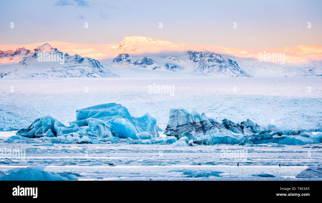 Icebergs float on Jokulsarlon glacier lagoon at sunrise, with background mountain peaks lit by sunrise, in Iceland. Stock Photo