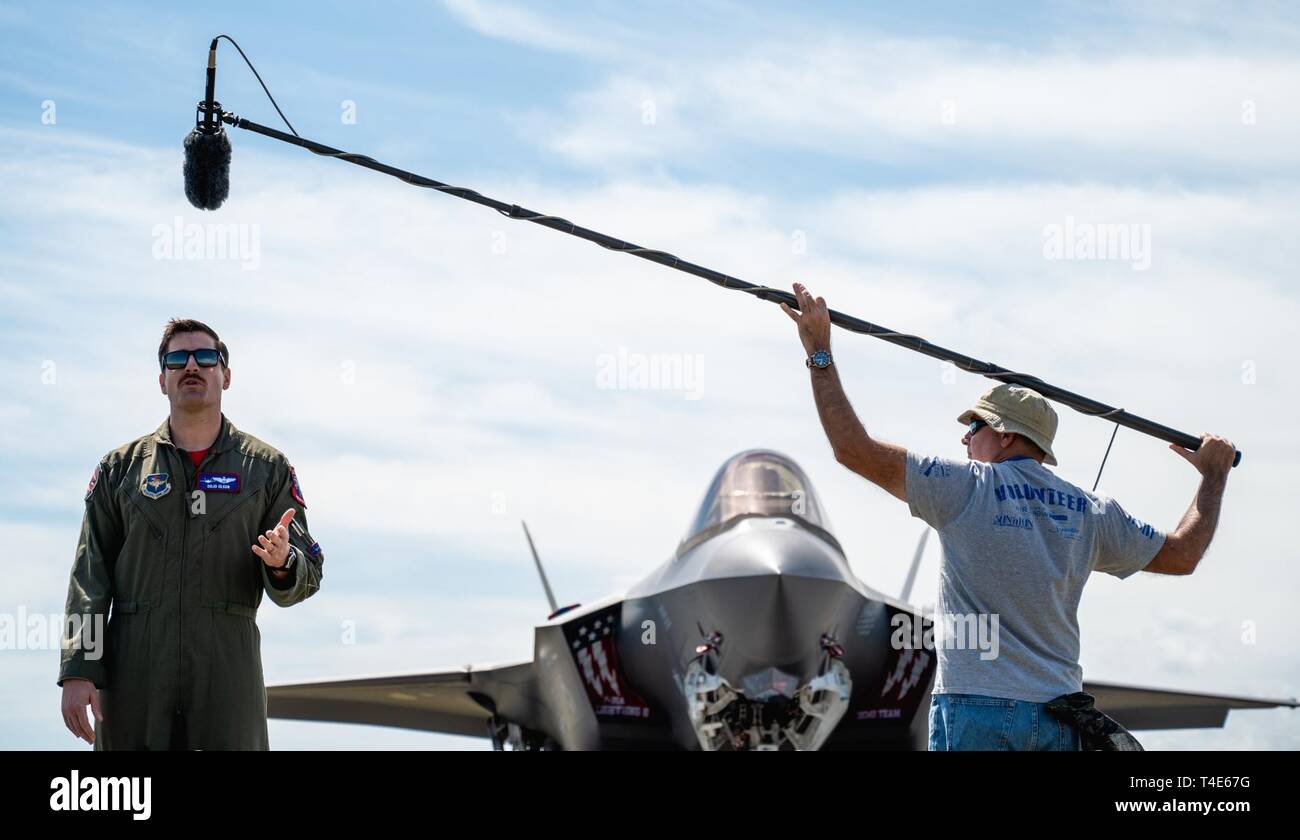 Capt. Andrew “Dojo” Olson, F-35 Demonstration Team pilot and commander participates in a media interview during the Melbourne Air and Space Show March 30, 2019, in Melbourne, Fla. The F-35 Demo Team has spent the last 6 months designing and developing the all-new demonstration which was premiered during the show. Stock Photo