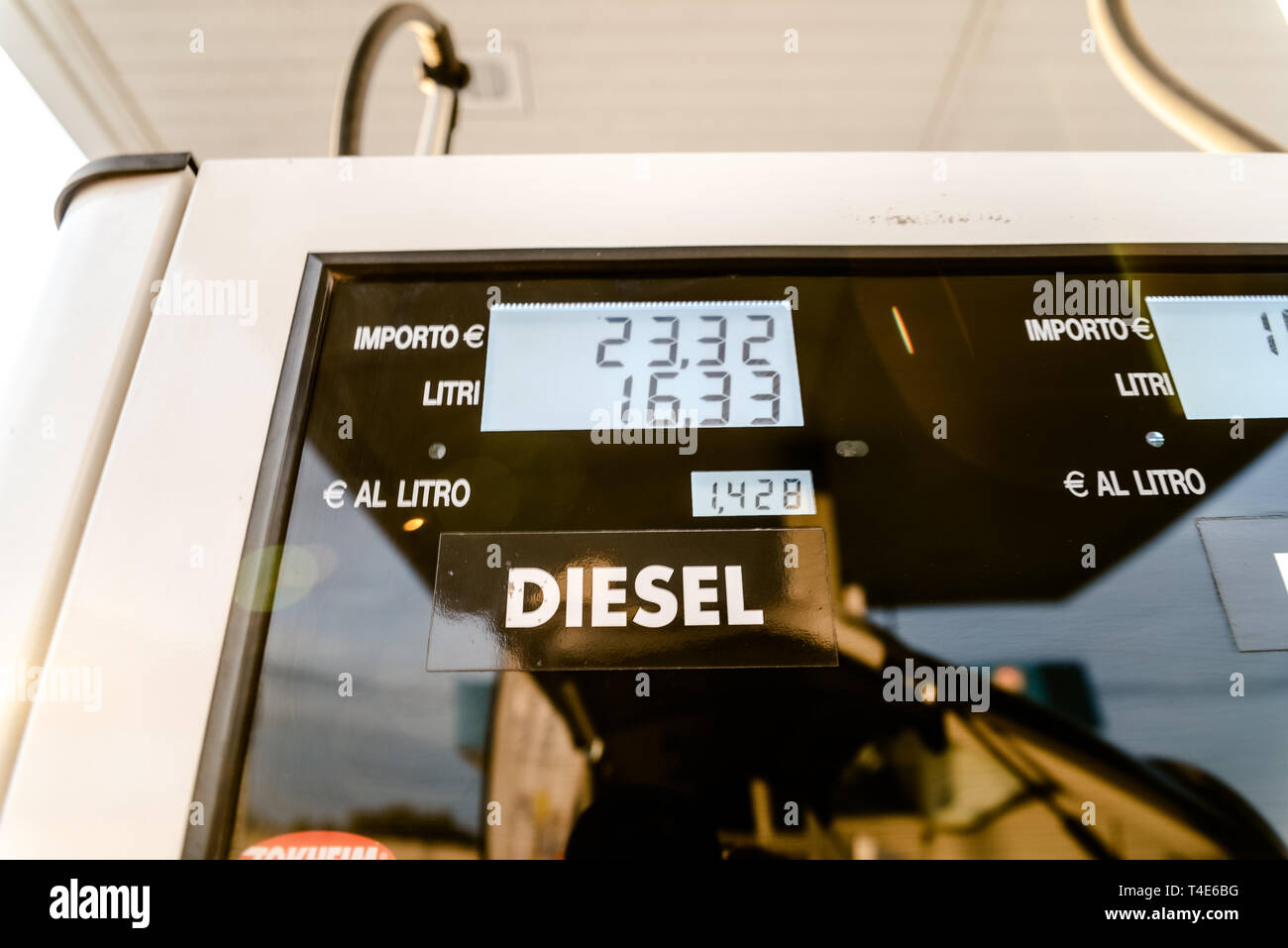 Bari, Italy - March 11, 2019: Detail of a diesel fuel pump in Italian ...