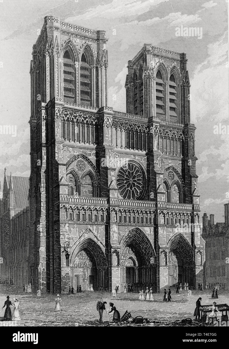 West front of the Church of Notre Dame, circa 1828 Stock Photo