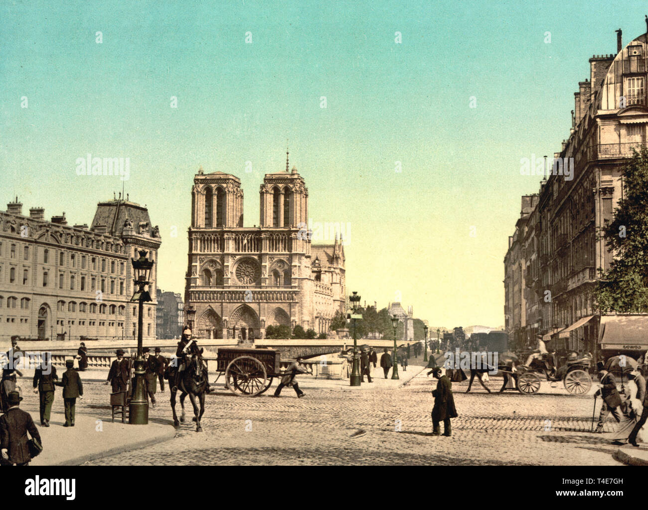 Notre Dame, and St. Michael bridge, Paris, France, circa 1900 Stock Photo