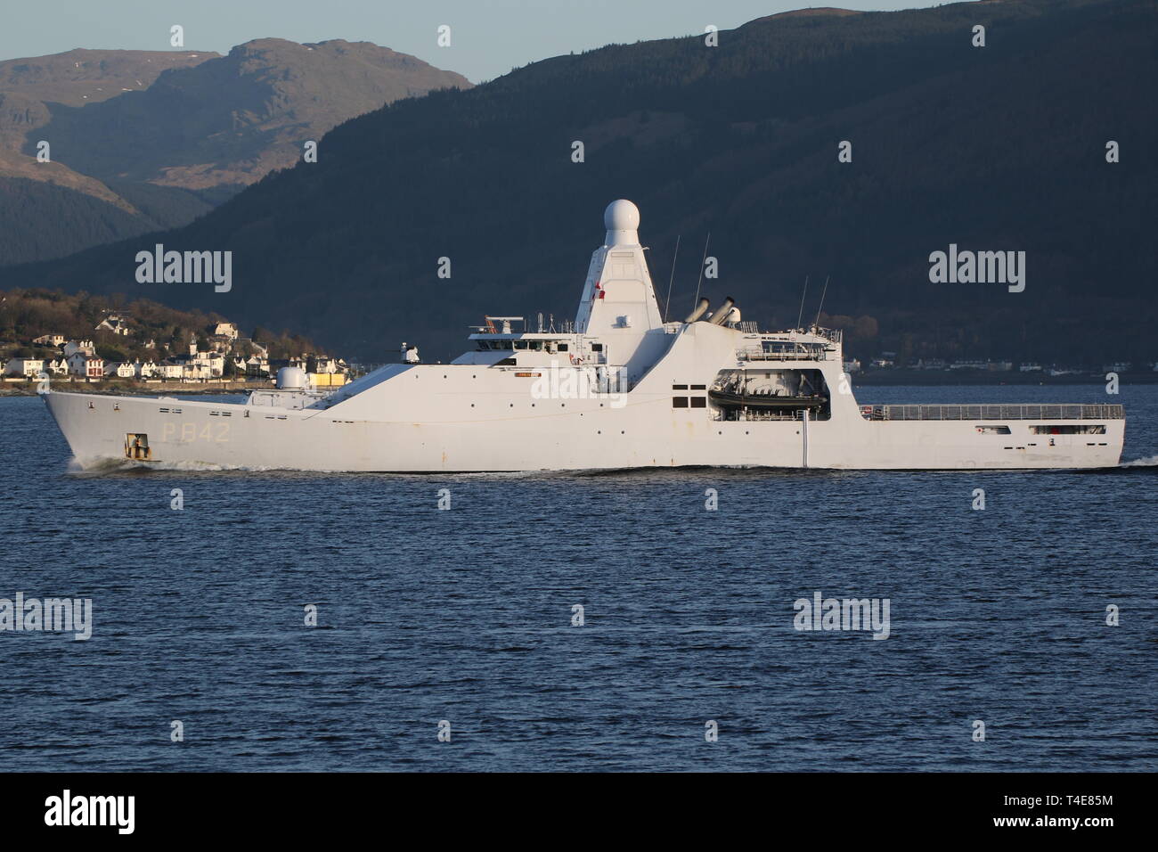 HNLMS Friesland (P842), a Holland-class patrol vessel operated by the Royal Netherlands Navy, passing Gourock during Exercise Joint Warrior 19-1. Stock Photo