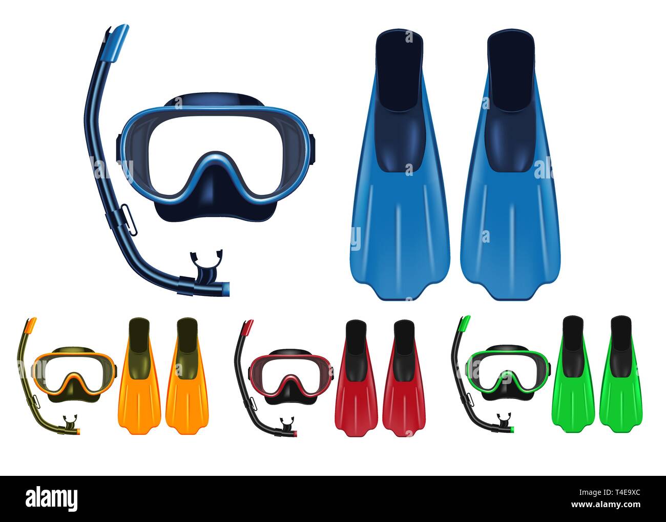 Mask, Snorkel and Fins 3D Realistic Set with Different Colors for