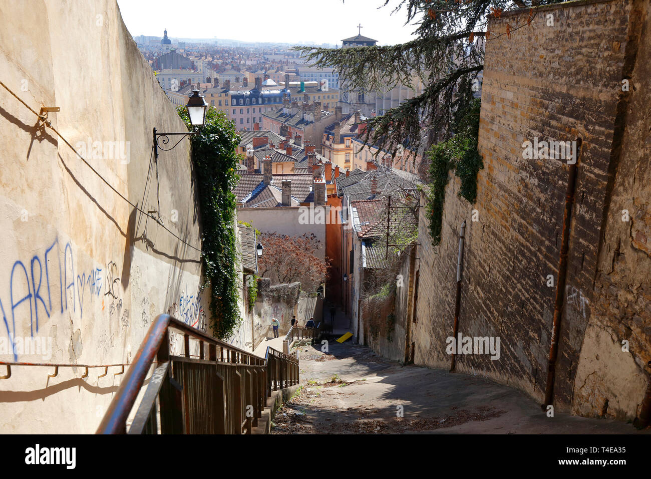 Steep hills, and countless steps common in the 'Old City' Vieux Lyon, Lyon, France Stock Photo