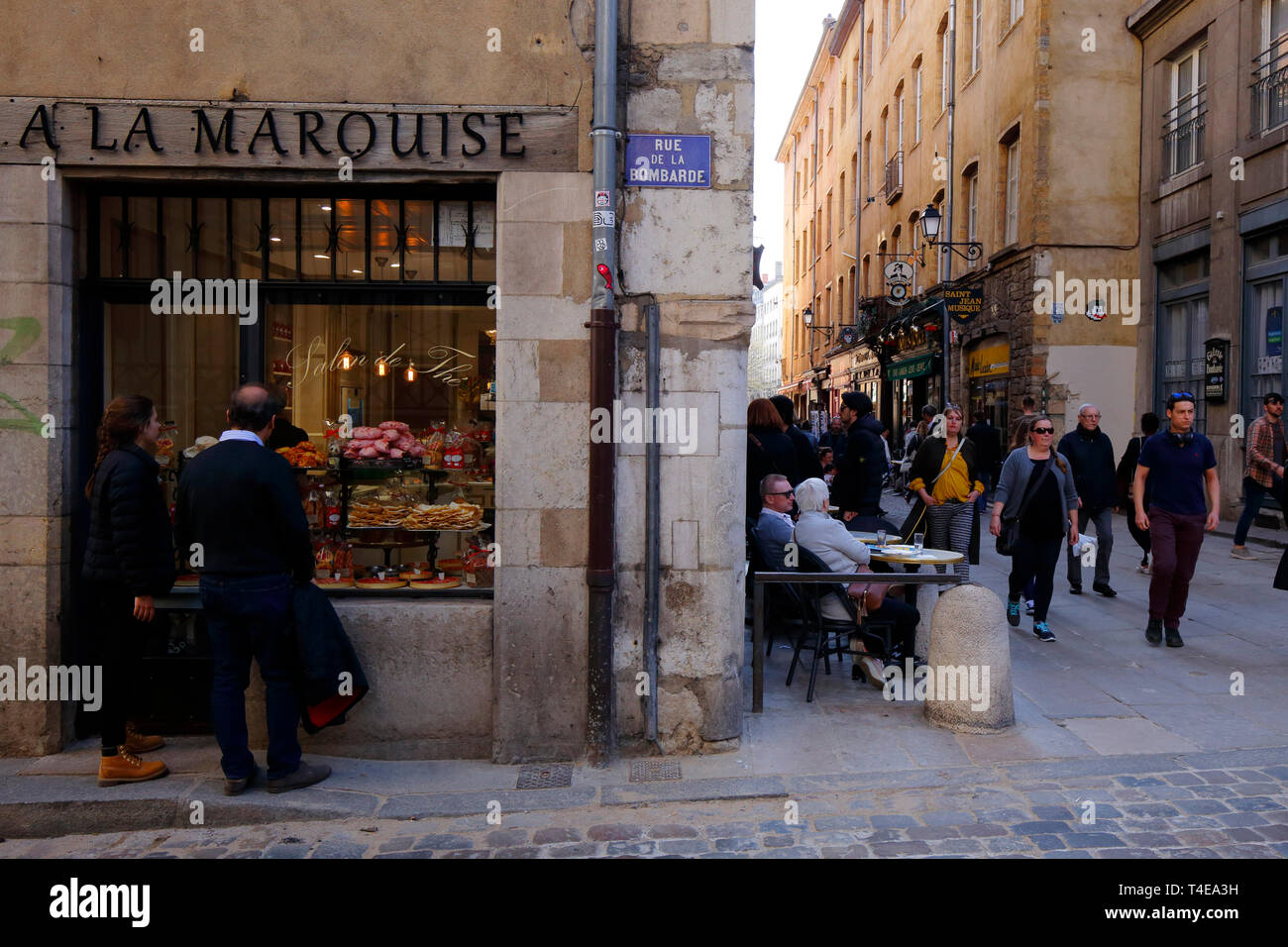 People along Rue Saint Jean, and Rue de la Bombarde in Vieux Lyon, Lyon, France Stock Photo