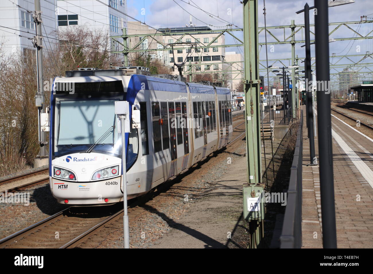 Regio Citads tram vehicle on the rails for Randstadrail in The Hague operated by HTM at station Den Haag Laan van Noi Stock Photo