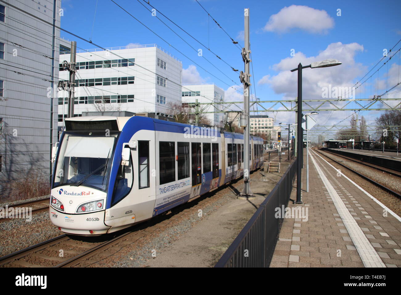 Regio Citads tram vehicle on the rails for Randstadrail in The Hague operated by HTM at station Den Haag Laan van Noi Stock Photo