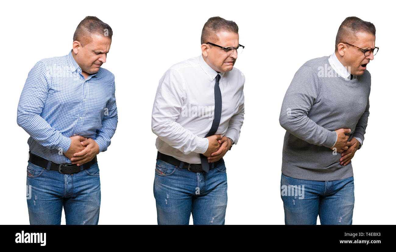 Composition of arab middle age man over isolated background with hand ...