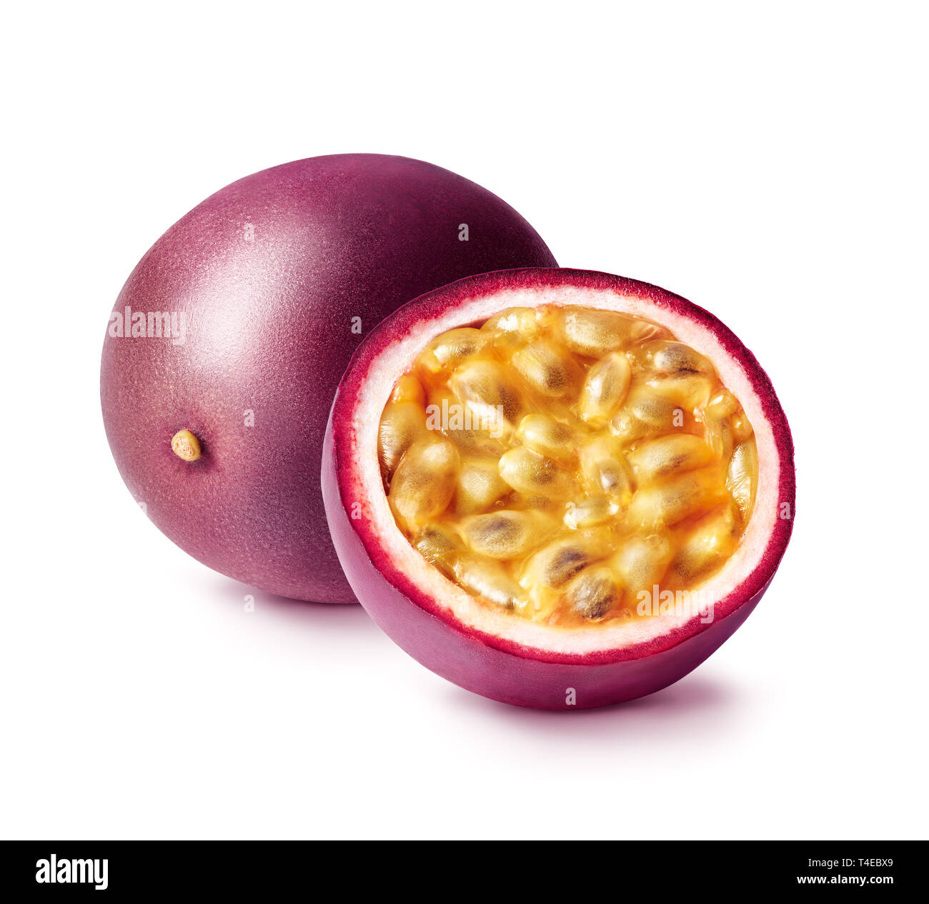 Passion fruit isolated. Whole passionfruit and a half of maracuya isolated on white background. Stock Photo