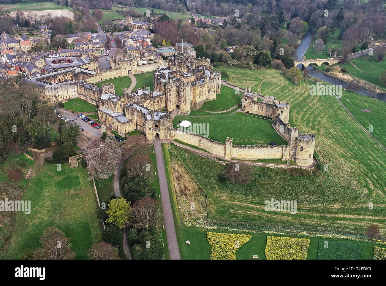 A bird's eye view of Alnwick Castle in Northumberland. The castle is