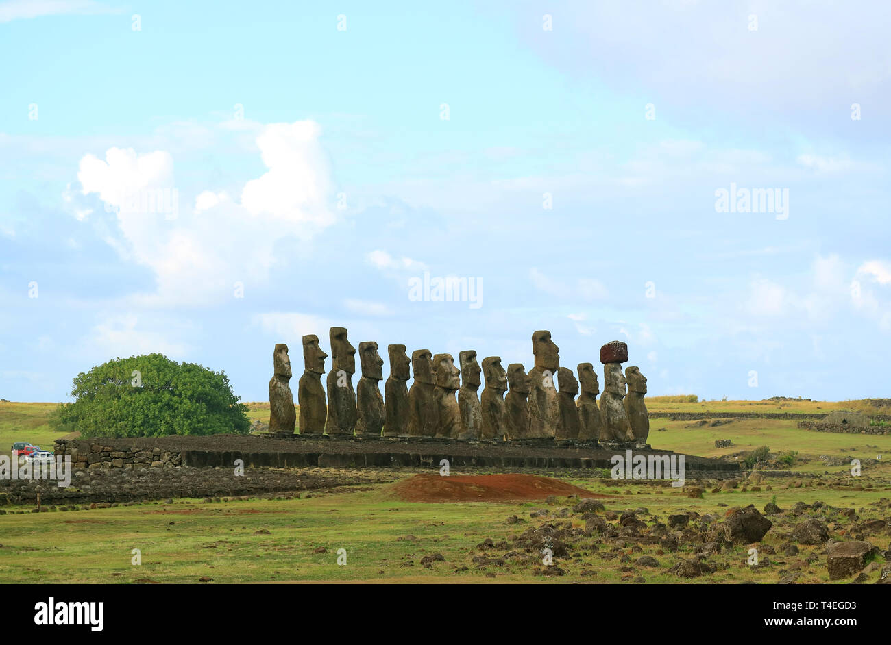 Moai Statues at Ahu Tongariki, the Largest Ceremonial Platform as Seen from the Left Side
